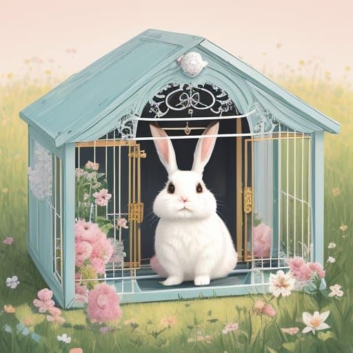 Cute Fluffy Bunny in Sunlit Hutch