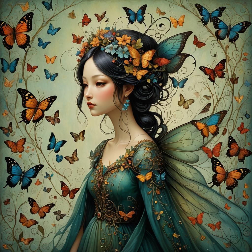 Magical Auburn-Haired Fairy with Iridescent Wings