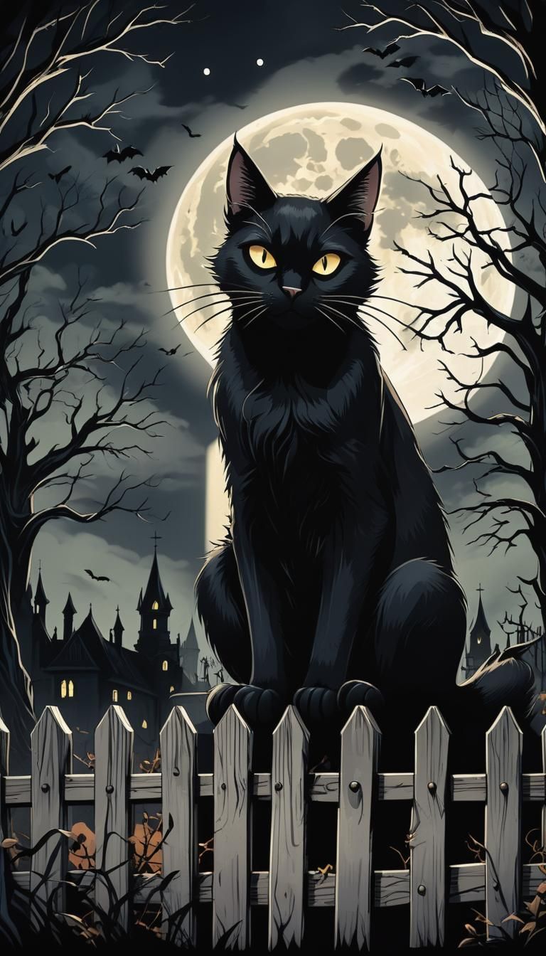 Black cat sitting by fence.