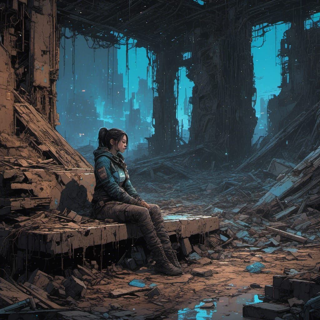 Cyborg Woman's Blue Tears in Ruined City