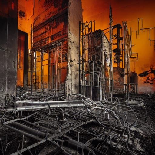 Gritty Film Noir Scene with Chrome Sculpture and Corroded Pi...