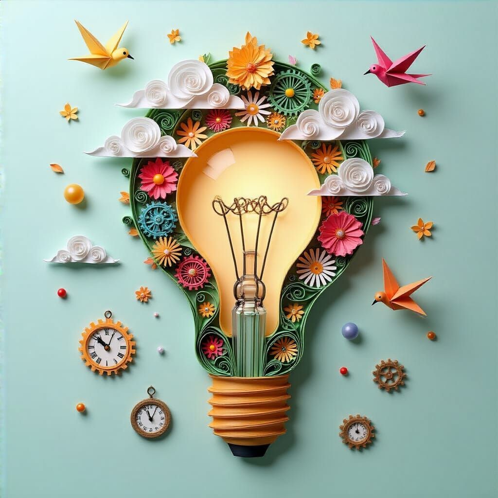 Intricate Papercraft Lightbulb Idea in Bas-Relief Style