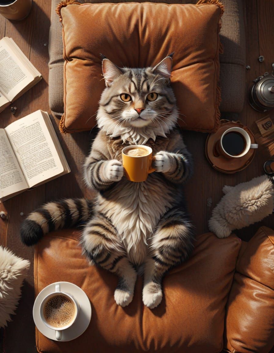 Anthropomorphic Cat Reading, Digital Art in Flat Design