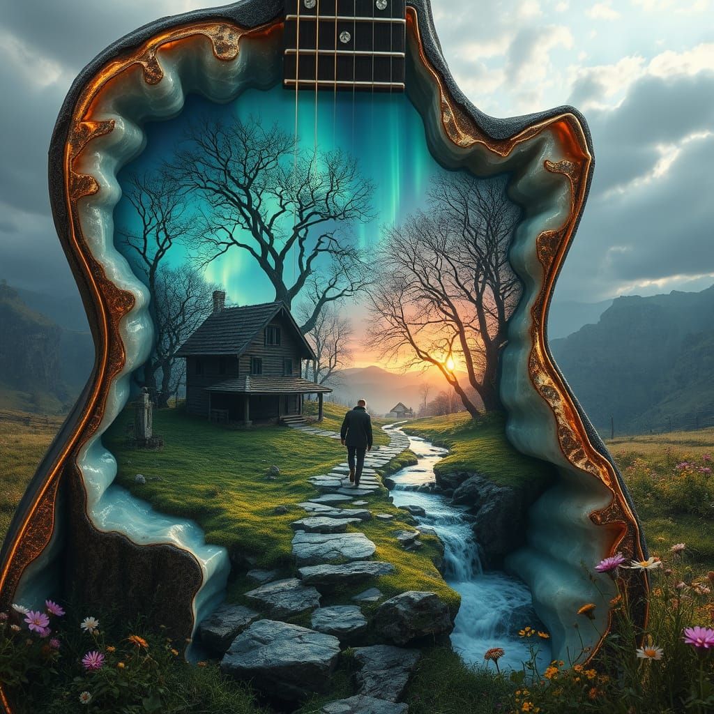 Surreal Guitar Landscape with Glowing Edges and Aurora Borea...