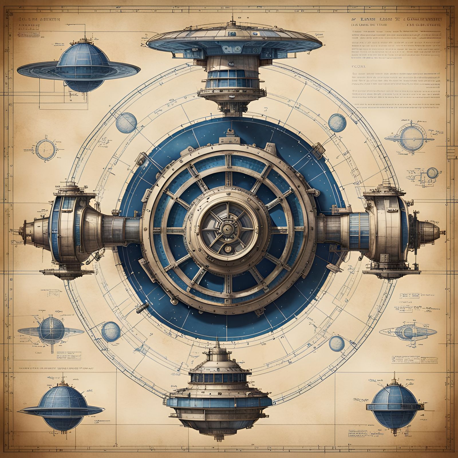 Atomic Steampunk Space Station Blueprint on Parchment