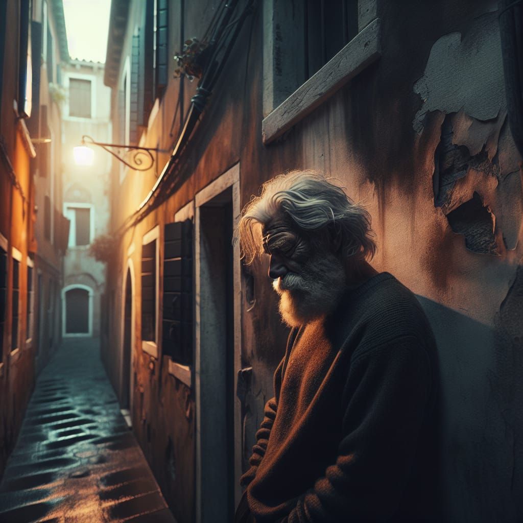 Melancholy Old Man in Italian Alleyway Film Still