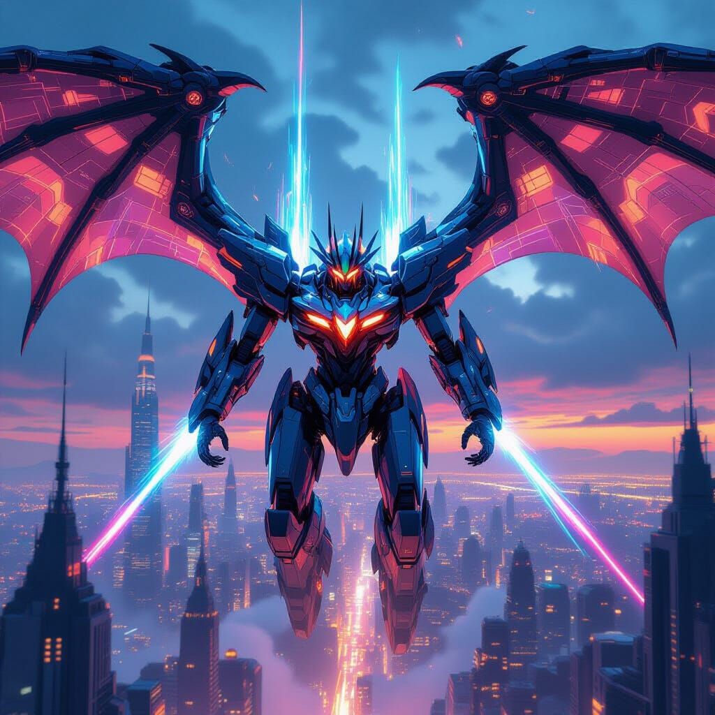 Colossal Mecha Dragon Soars Over Neon Metropolis