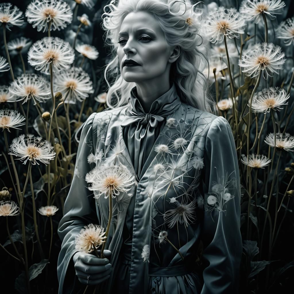 Ghostly Woman in Dandelion Dreamscape, Infrared Photography