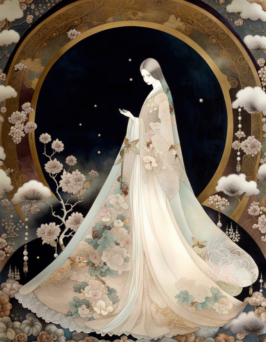 Ghostly Yuki-Onna with Sword: Mixed-Media Collage