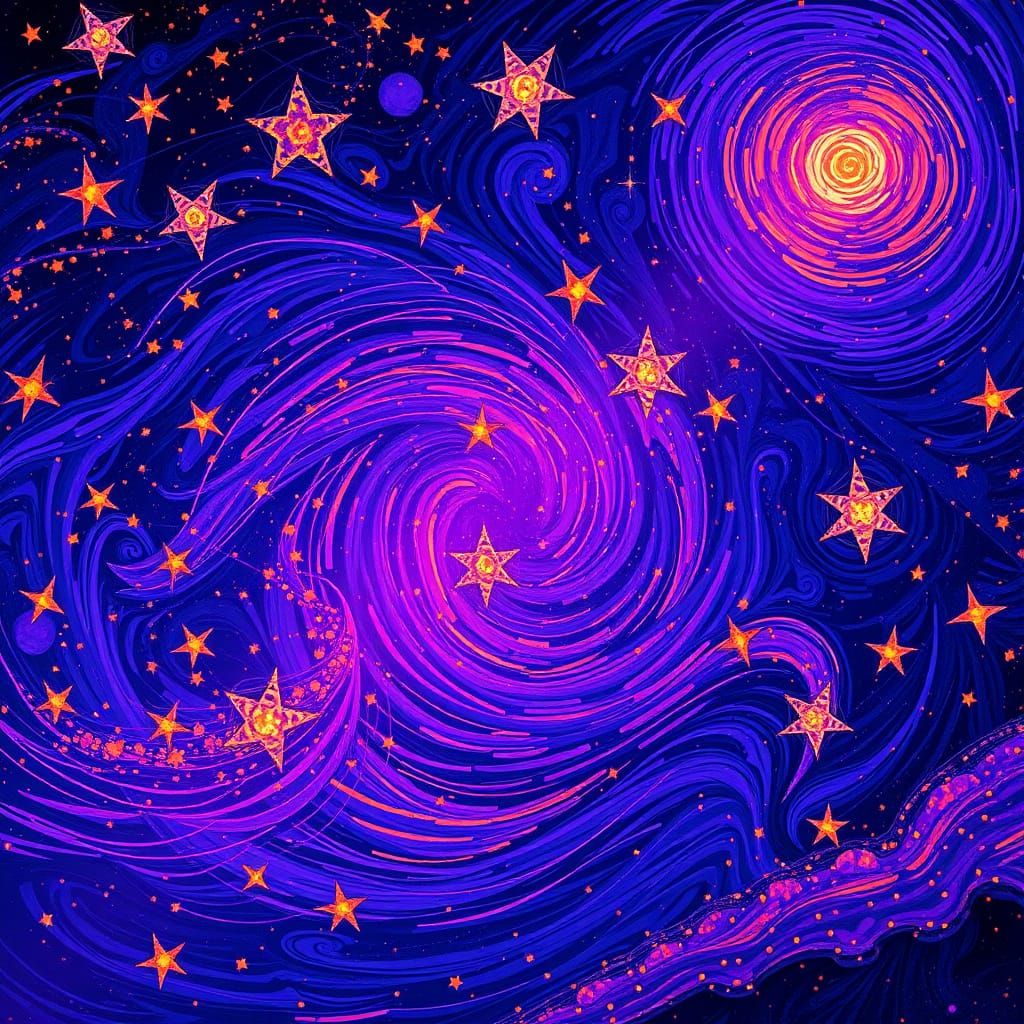 Celestial Night Sky with Vibrant Purple and Orange Stars