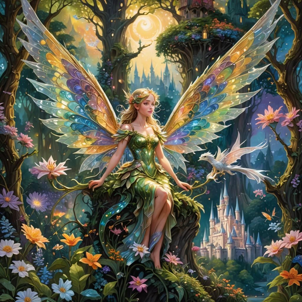 Magical Fairy with Dragon and Castle: Fantasy Art