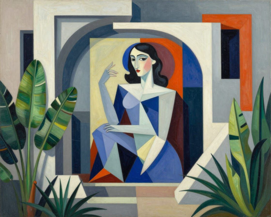 Neo-Cubist Plant Scene with Art Deco Architecture