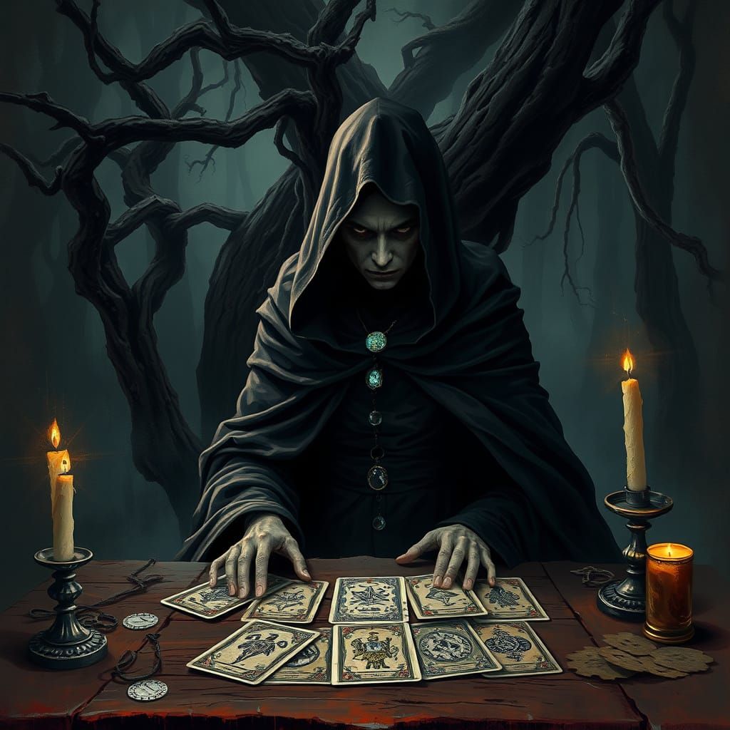 Mysterious Fortune Teller in Dark Gothic Fantasy Forest