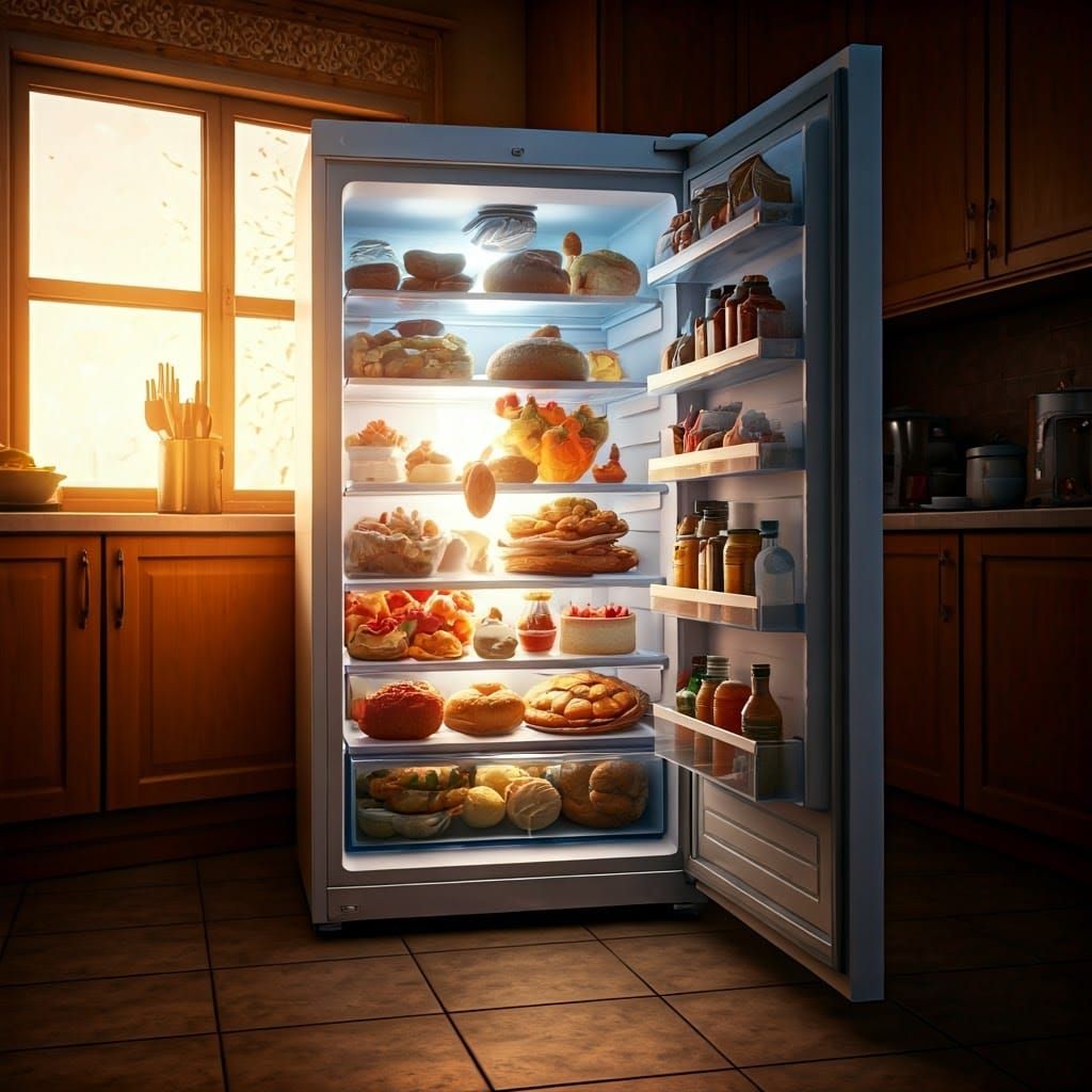 Cluttered Freezer in Sunlit Kitchen, Digital Art