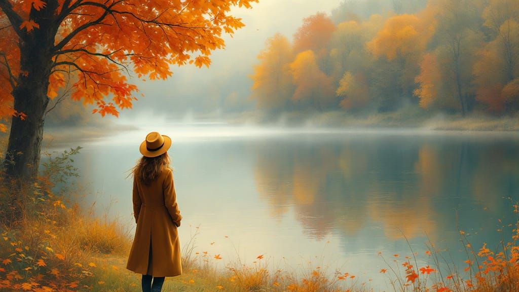 Autumnal Lake Scene in Impressionist Style
