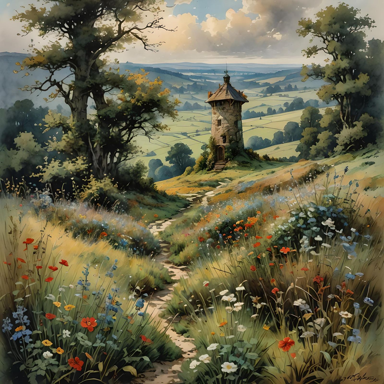 Hyperdetailed Watchtower in Meadow, Golden Age Illustration