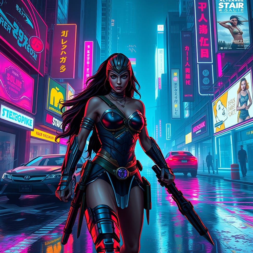 Cybernetic Amazon Warrior in Neon Dystopian City