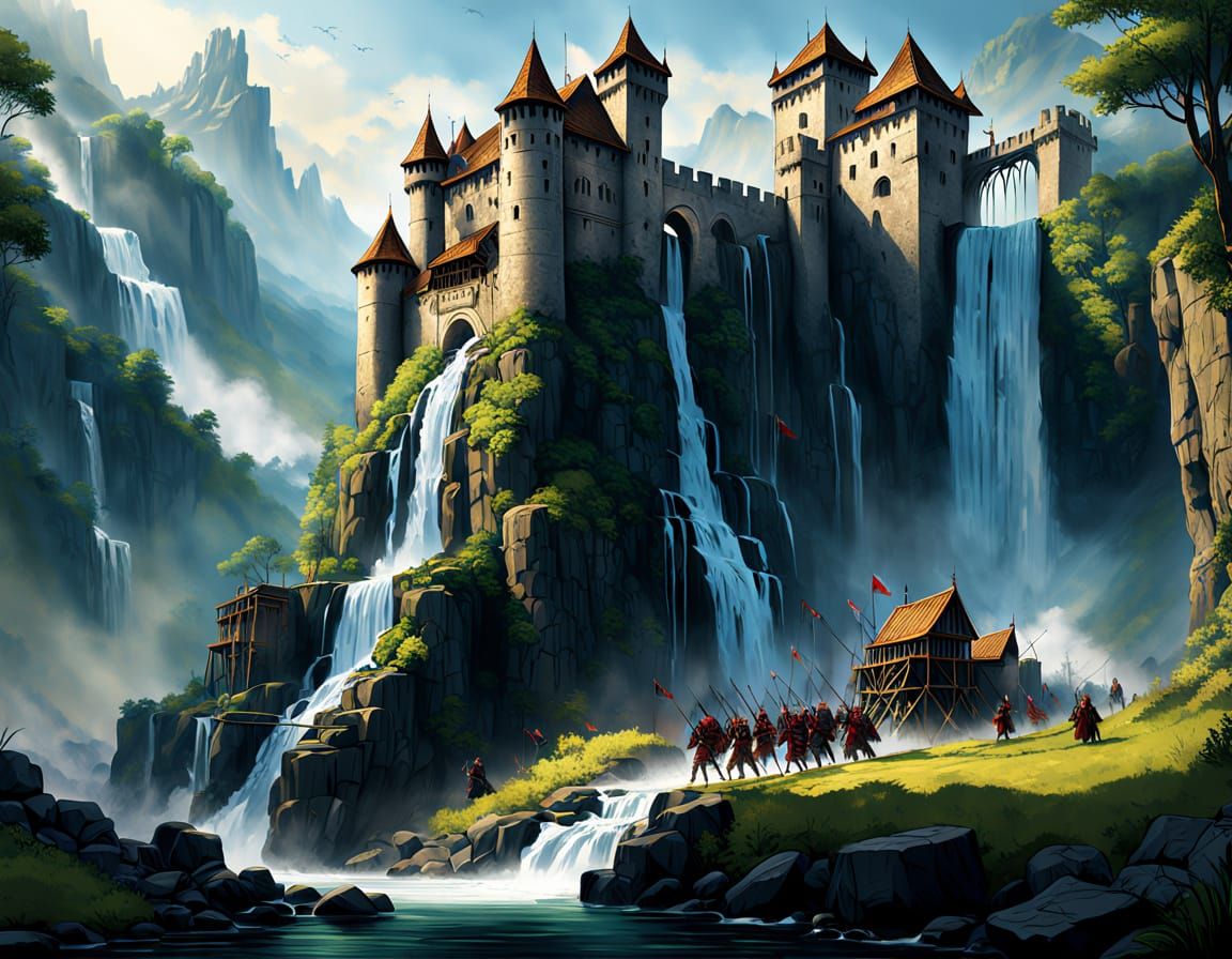 Medieval Army Attacks Castle in Fantasy Landscape