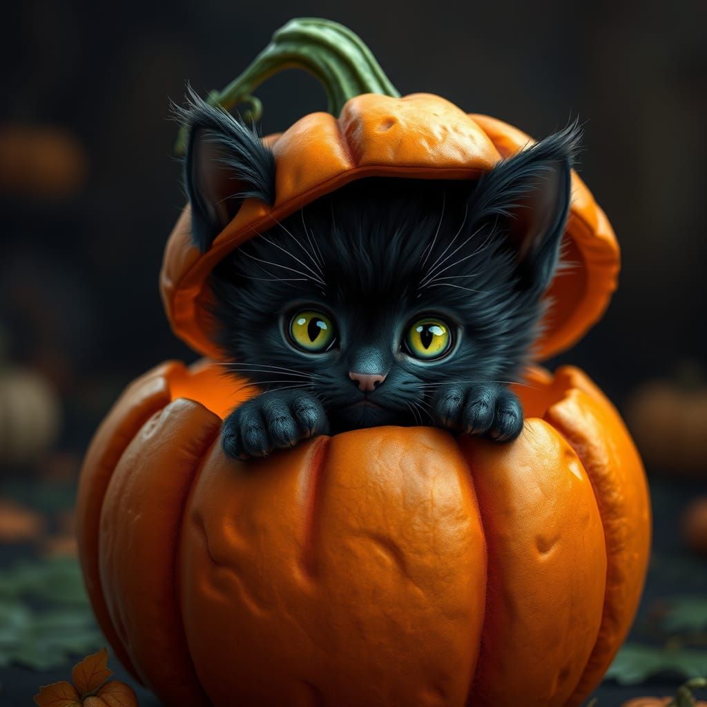Kitten in Pumpkin with Stem Hat, Fantasy Art