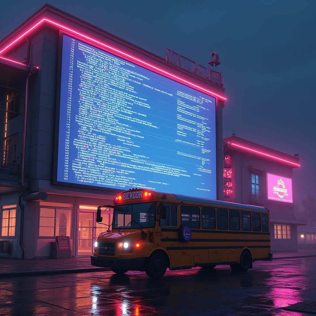 Futuristic School Bus in Pixelated Cyberpunk Style