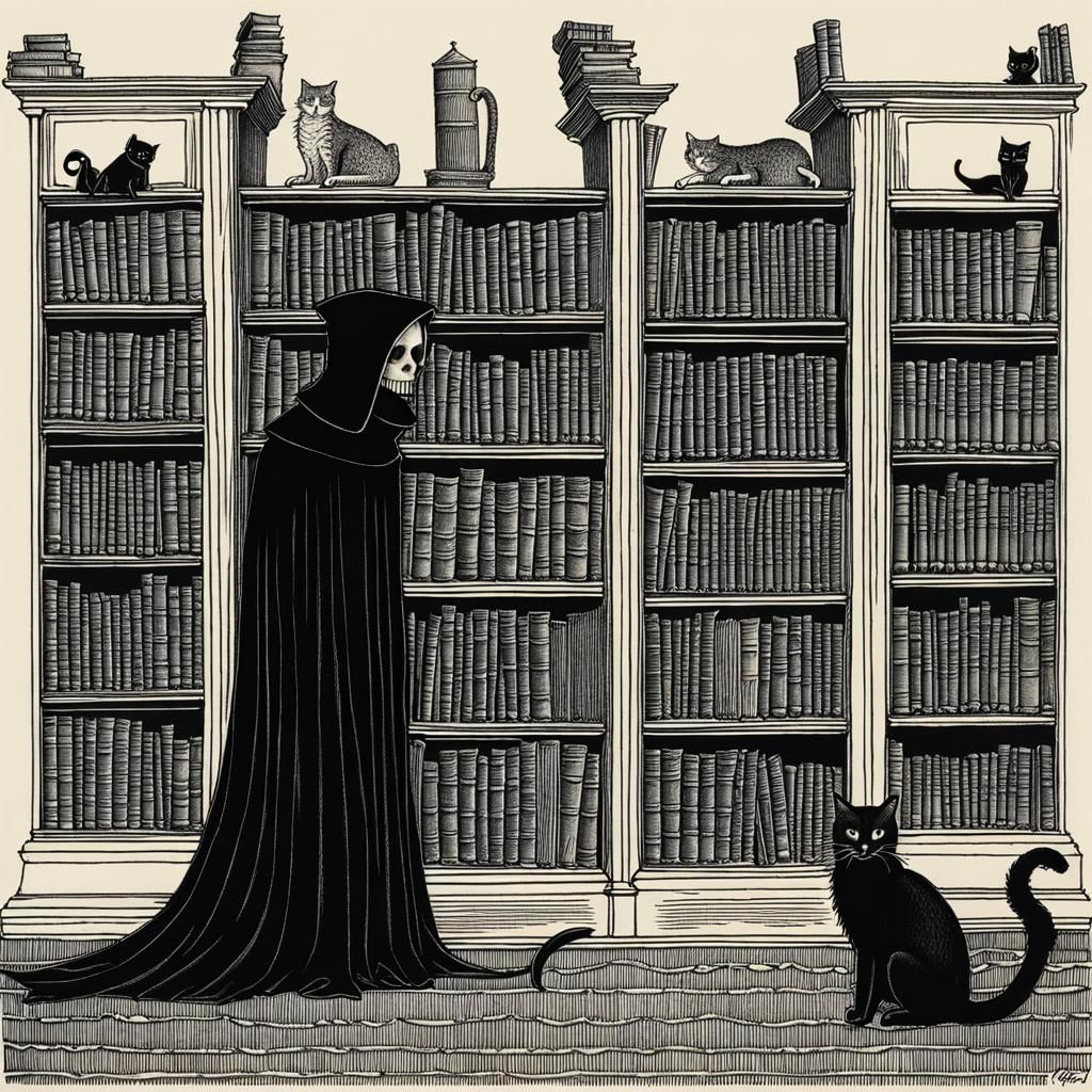 Grim Reaper and Cat in Library, Gorey Style