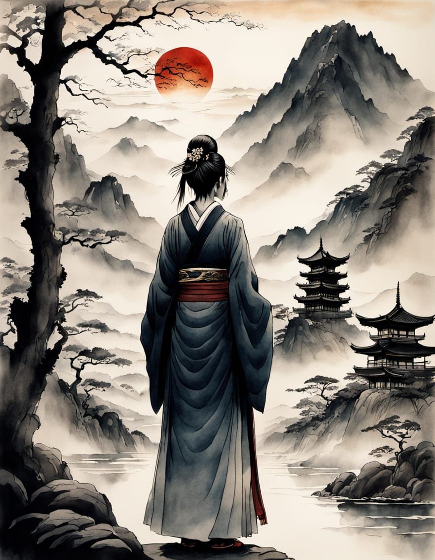 Shaman Queen Himiko Rules Ancient Yamatai in Sumi-e Style