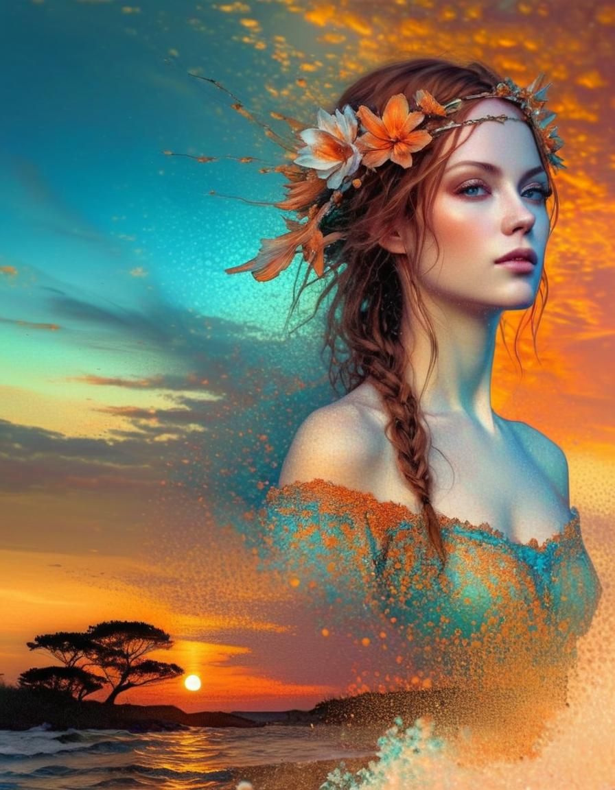 Maiden in Sunset Pointillism Style