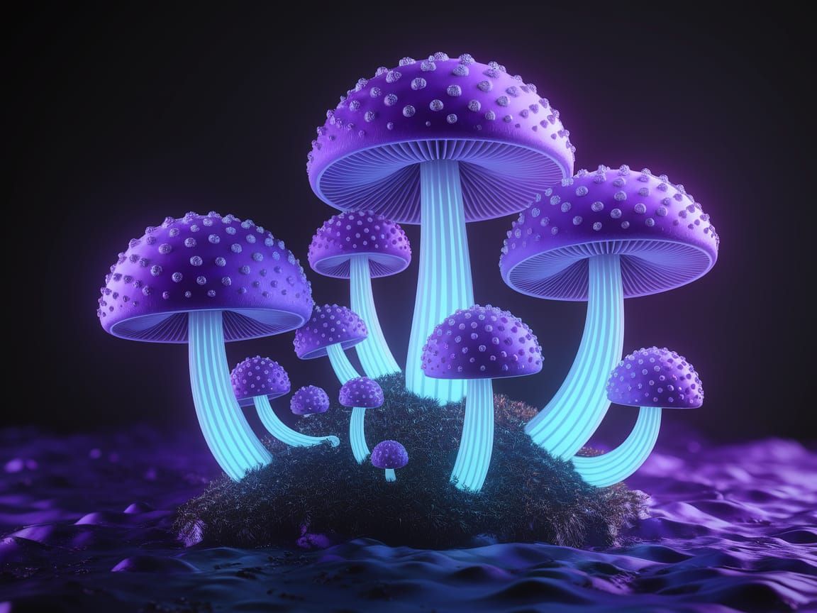 Glowing Purple Mushrooms in a Futuristic Forest