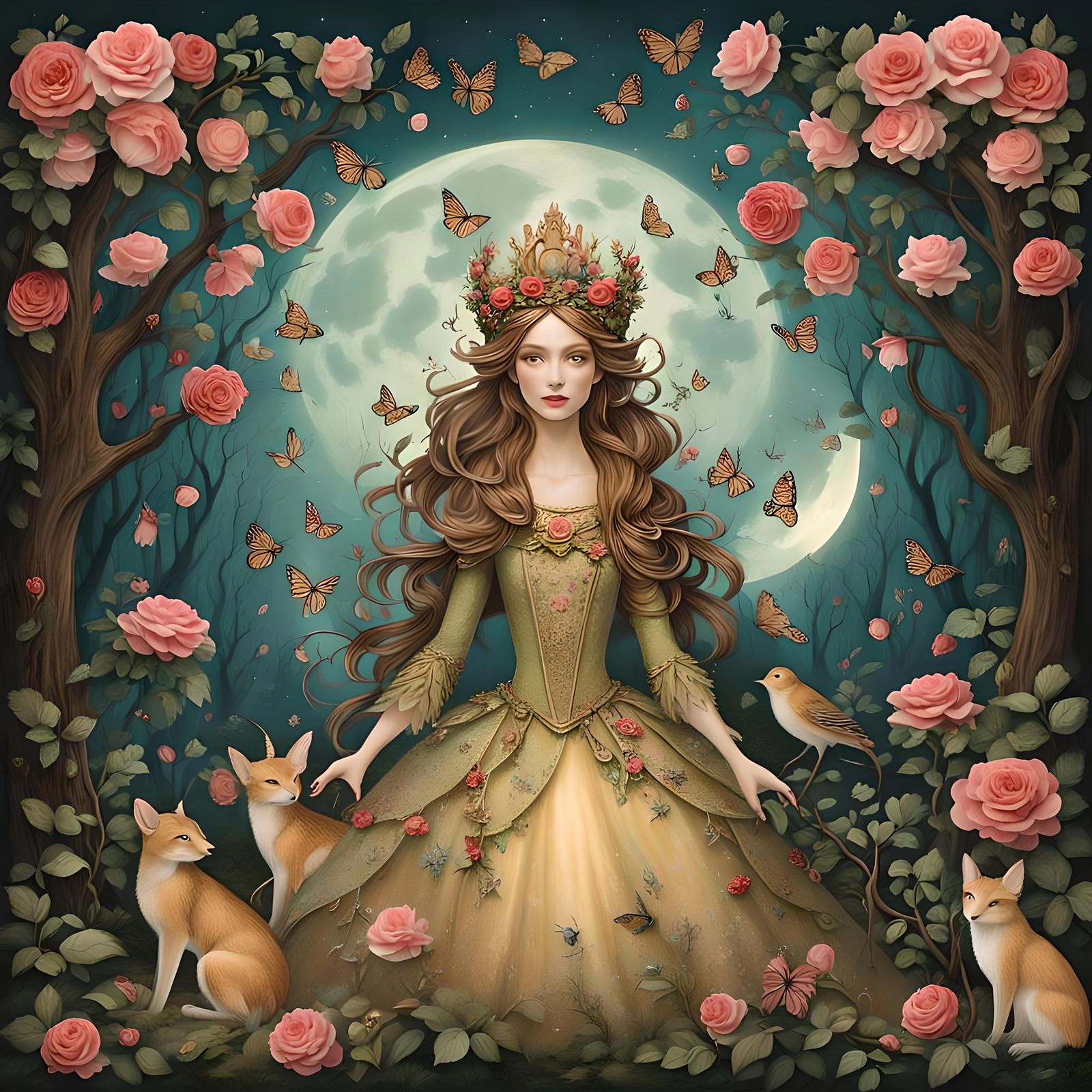 Fairy Queen in Moonlit Grove with Woodland Creatures