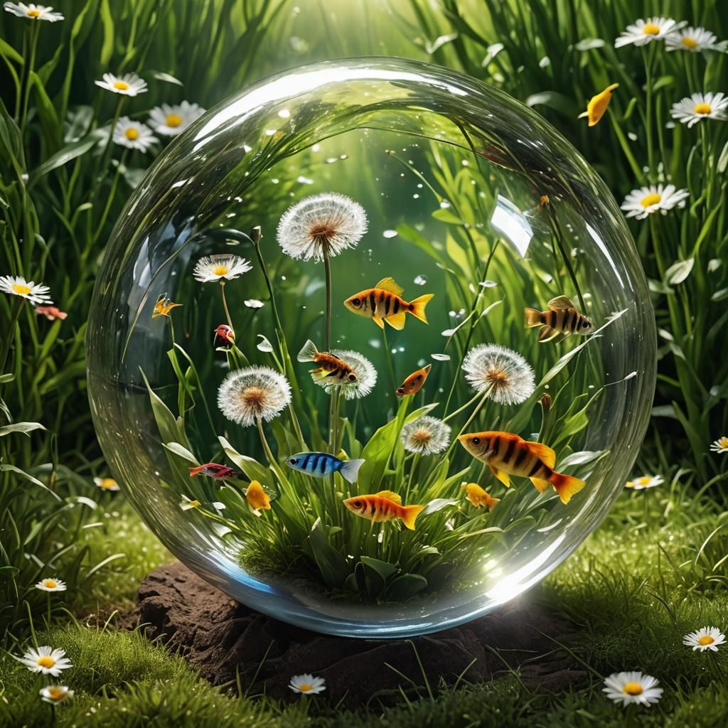 Glass Ball Reflecting Dandelion and Fish in Lush Meadow