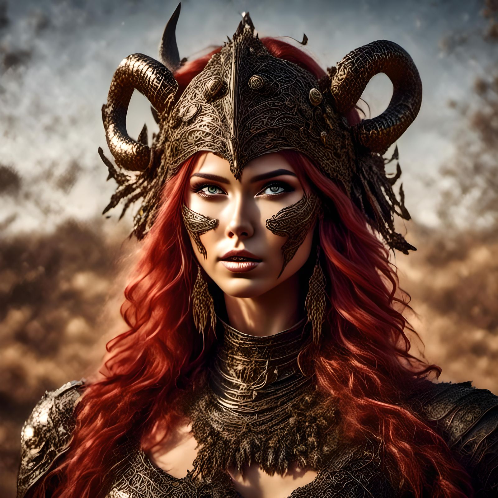 Fantasy Female Warrior with Dragon and Wolf