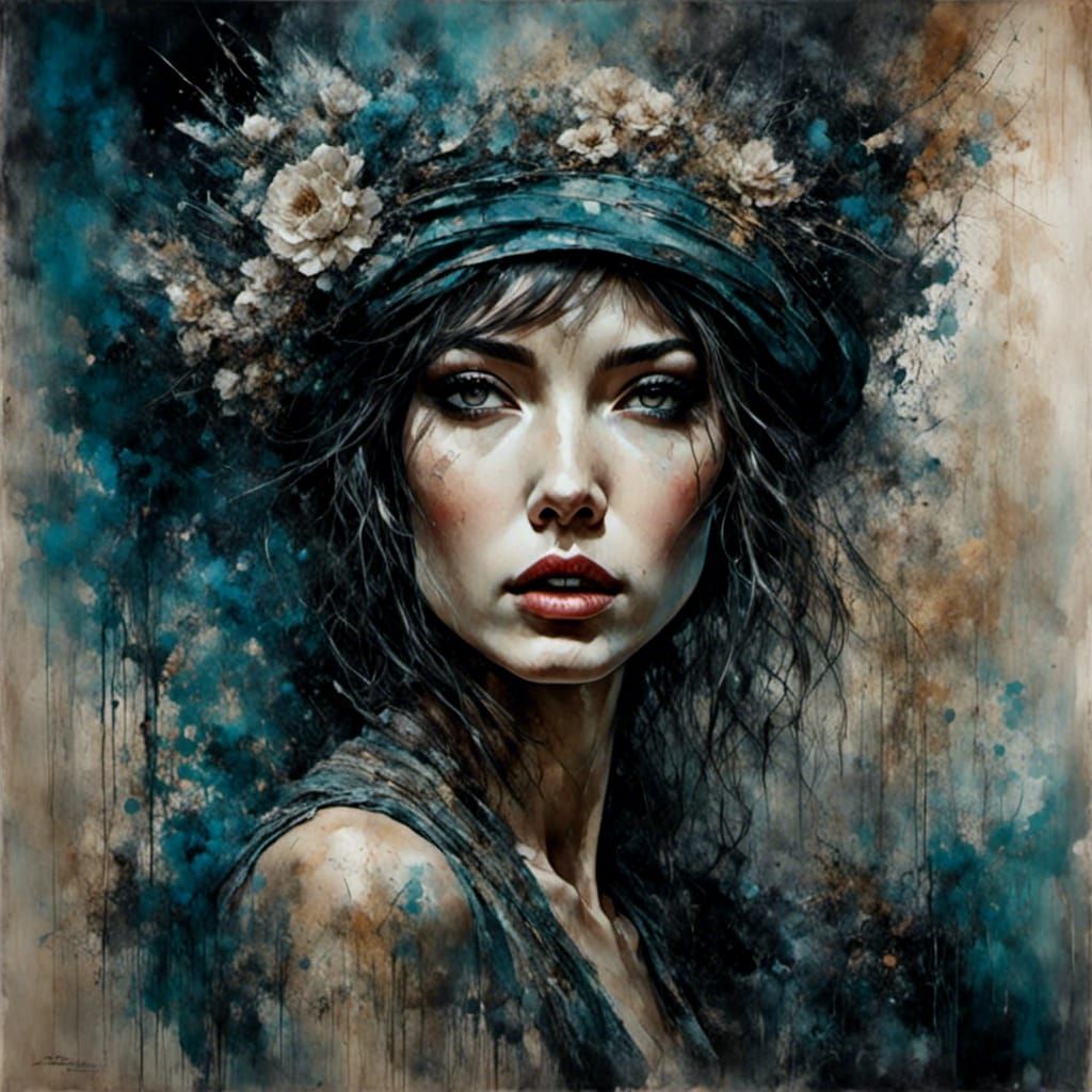 Surreal Flapper Girl Portrait in Mixed Media