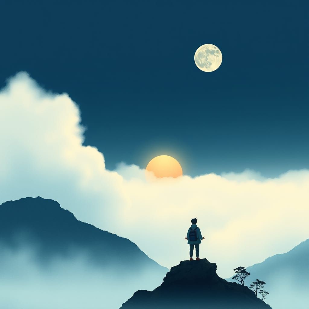 Meditating Traveler on Misty Mountain Peak at Dawn