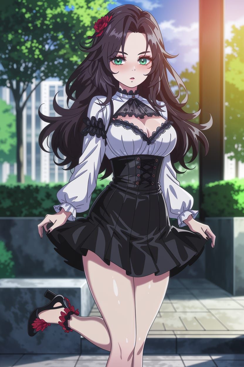 Anime Woman in Gothic Skirt in Modern Park