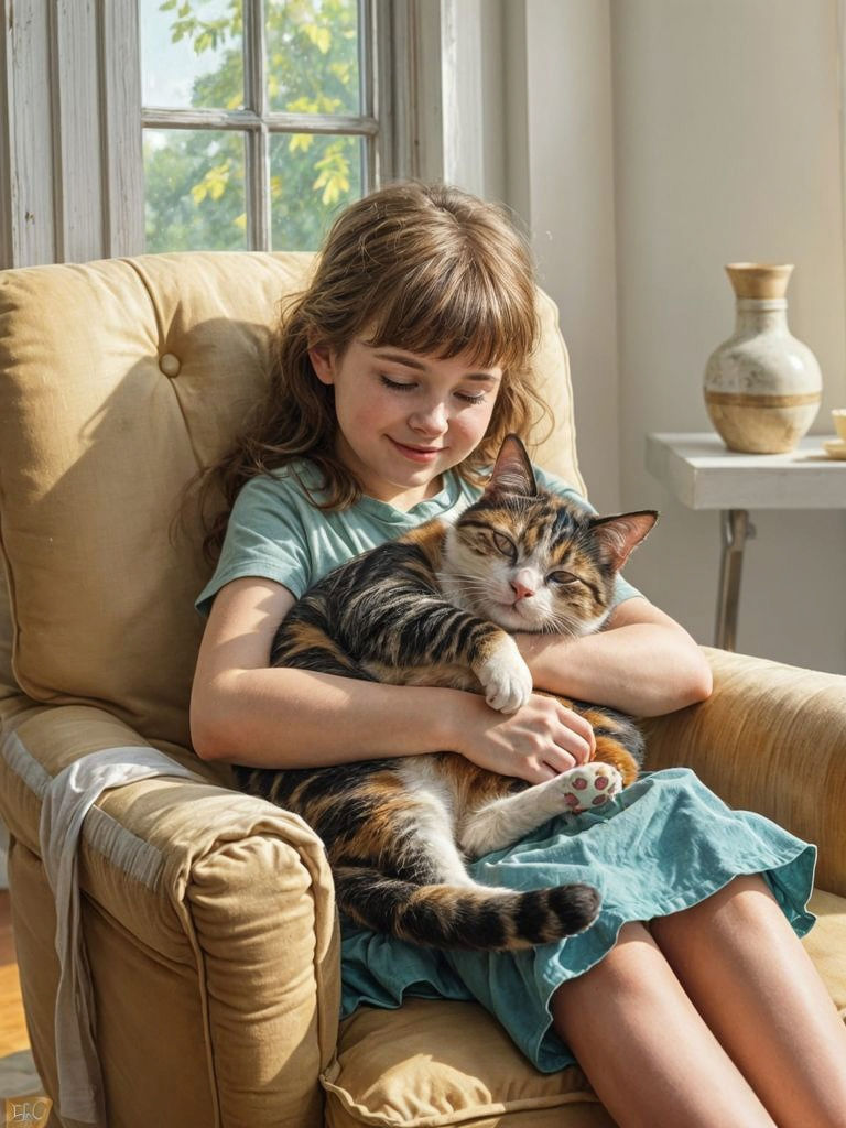 Modern Girl's Cozy Moment with a Sleeping Calico Cat