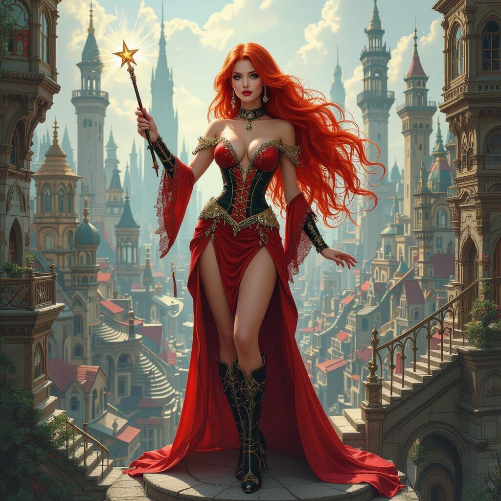 Petite Wizard in Escher-Inspired City, Detailed Art