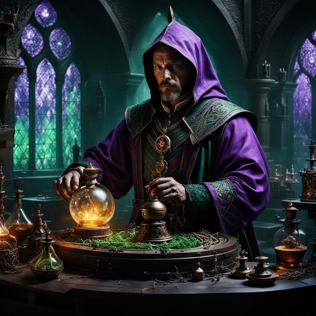 Medieval Alchemist in Dark Fantasy Laboratory
