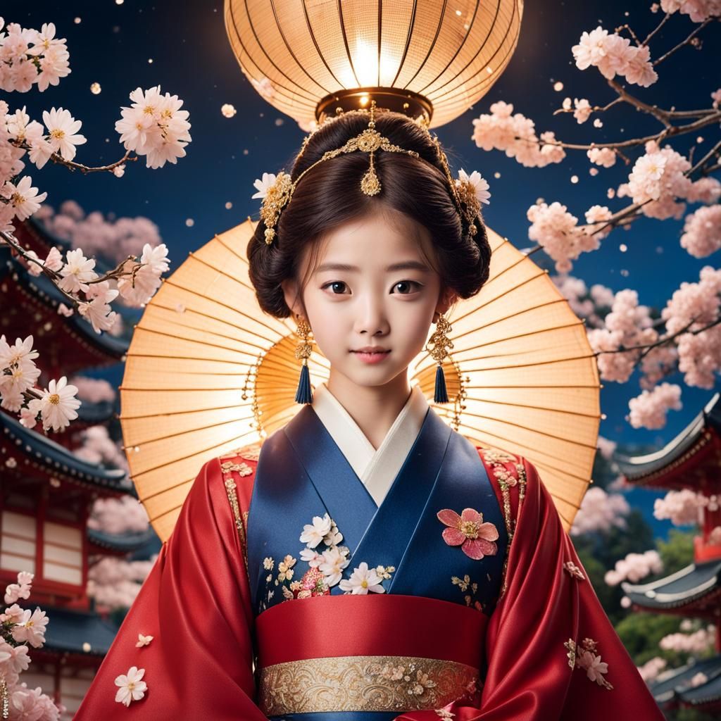 Beautiful Girl in Royal Japanese Costume Lighting Lamp