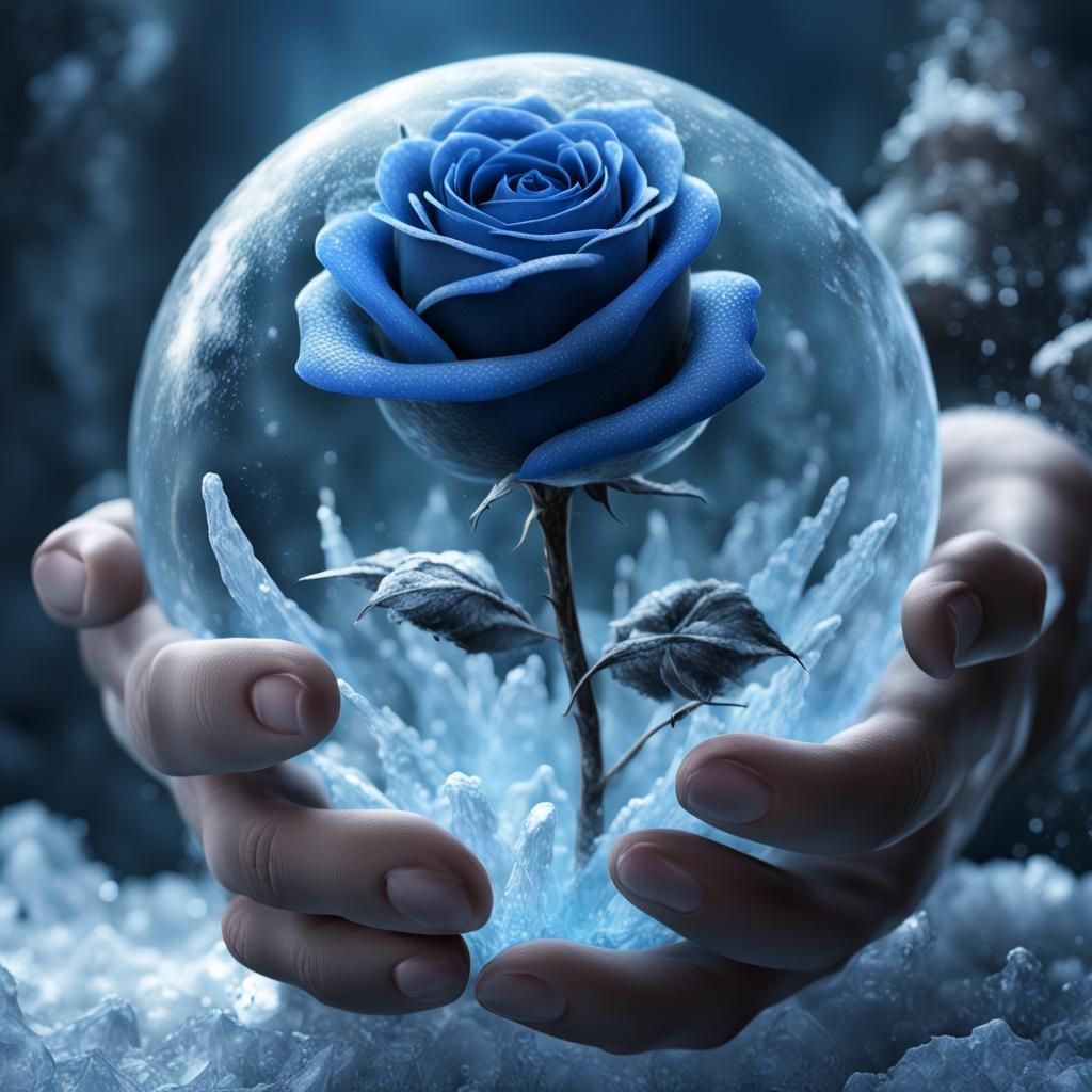 Icy Hand Holding Blue Rose: Detailed Matte Painting