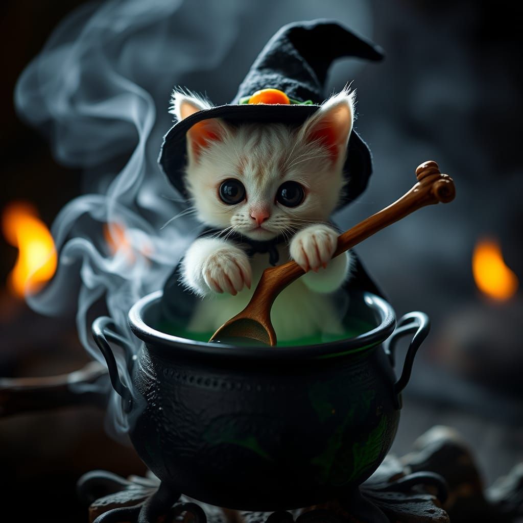 Whimsical Witch Kitten Stirring Potion