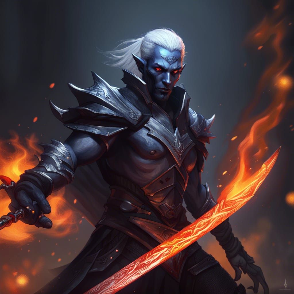 Drow Fighter with Flaming Sword, Dark Fantasy Art