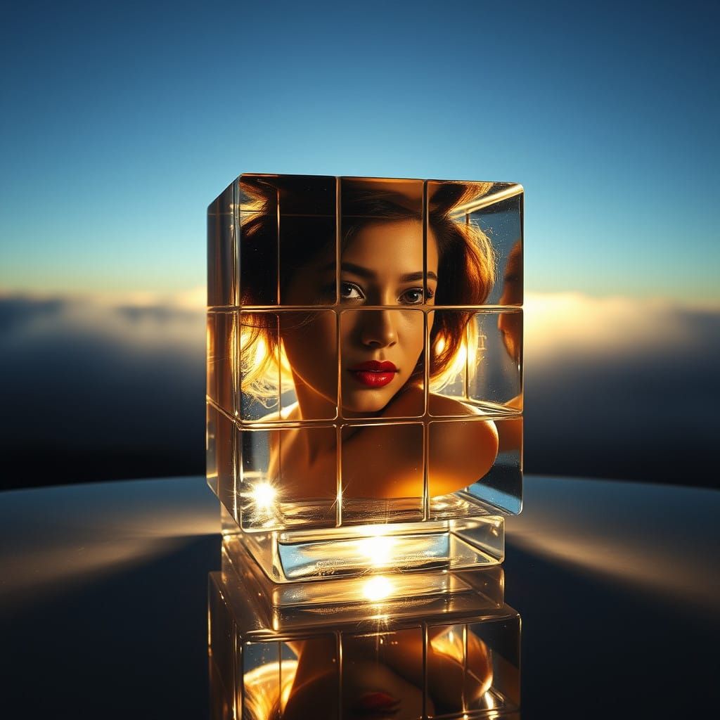 Dramatic Woman Inside Crystal Glass Rubik's Cube
