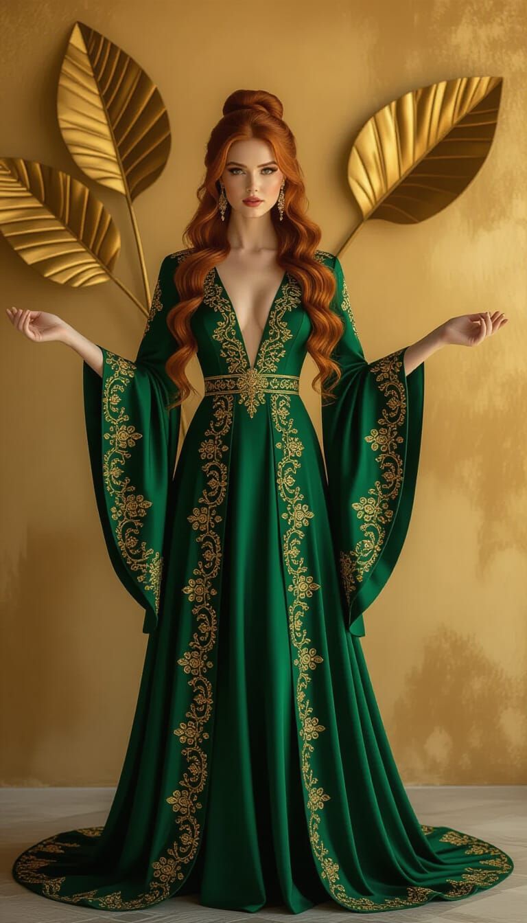 Elegant Woman in Green Gown with Golden Accents