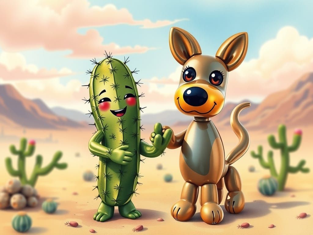 Surreal Cactus and Balloon Dog Friends in Dreamlike Desert