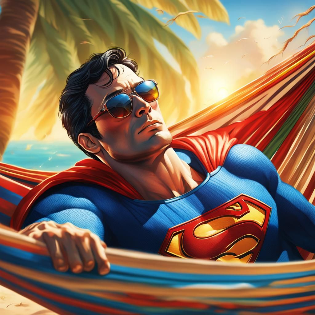 Superman Relaxing on Beach in Hyperrealistic Style