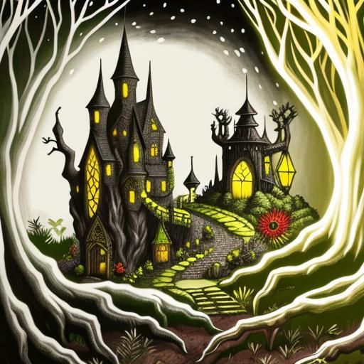 Magical Botanical Garden in Black Ink and Vibrant Color