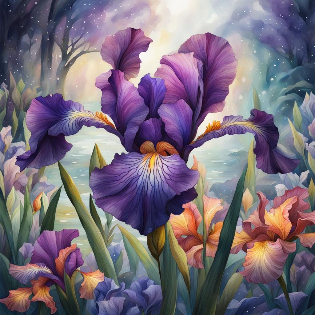 Watercolor Iris Lily: Detailed Fantasy Art