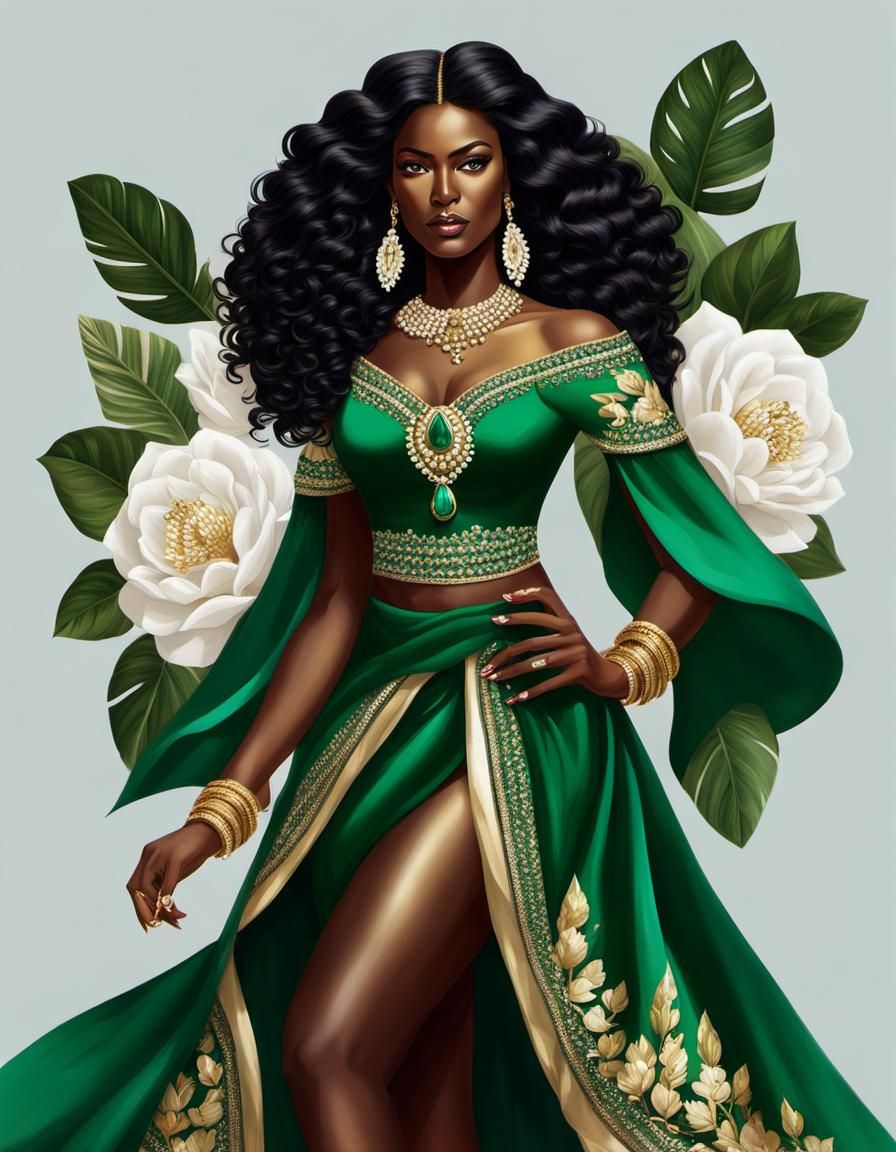 Colombian Heroine with Emerald Skirt and Golden Blouse