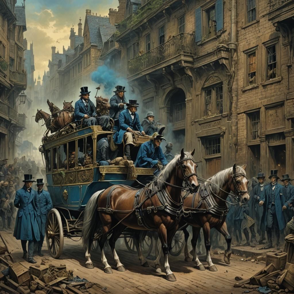 Disturbing Horse-Led Carriage Scene in Dark Fantasy Style