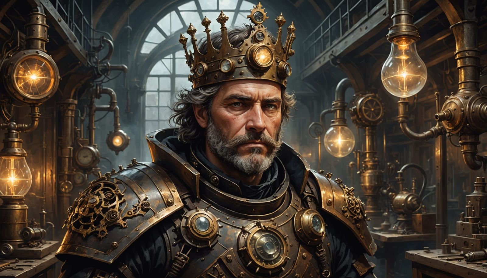 Steampunk Knight in Brass Crown: Detailed Concept Art